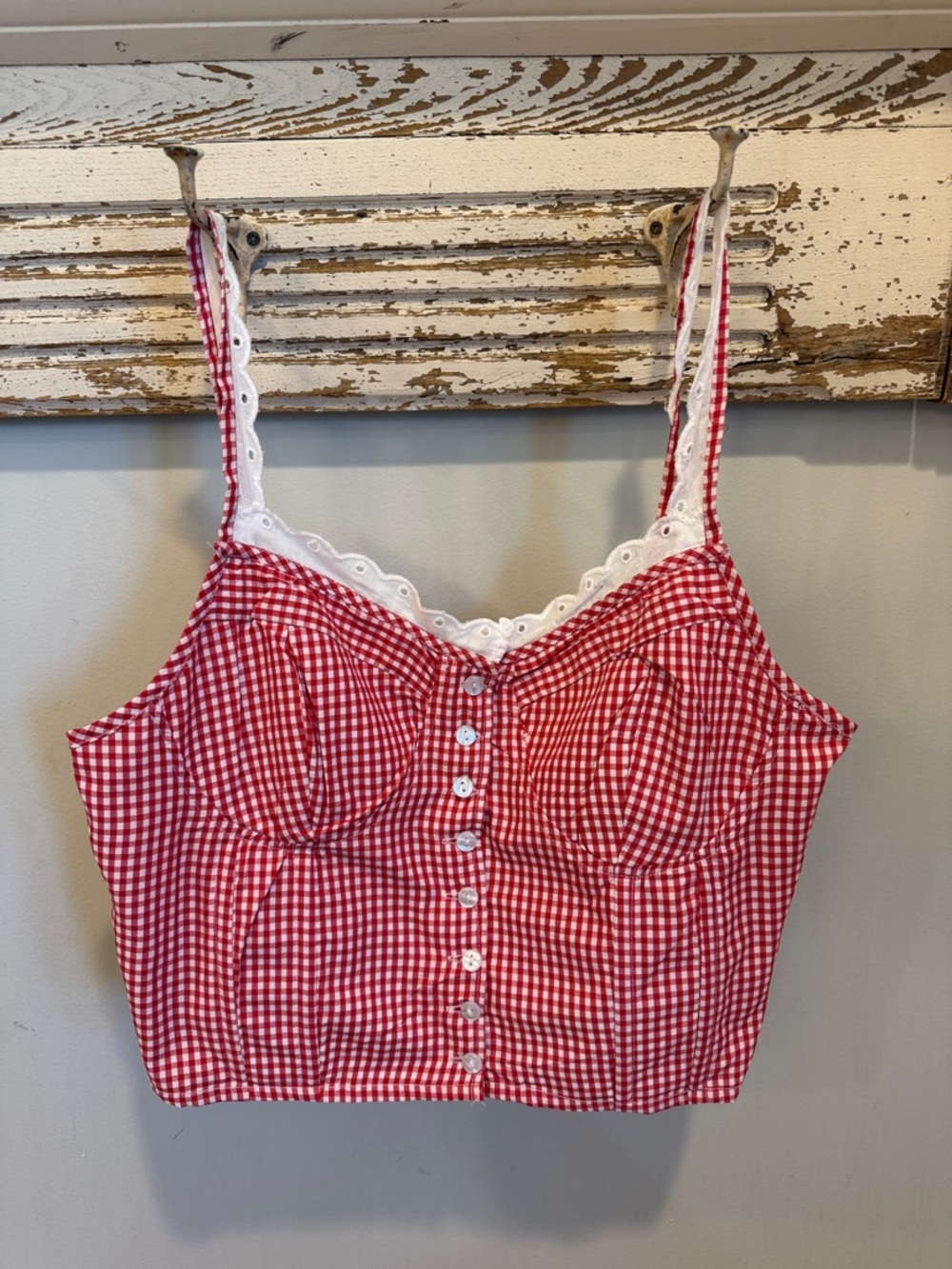 Sim & Sam Red Gingham Lace-Trim Crop Top Corset Size XL